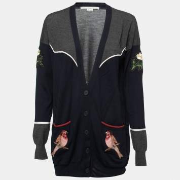 Pre Owned Stella McCartney Navy Blue Wool Embroidered Cardigan M