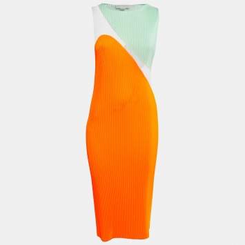 Pre Owned Stella McCartney Orange Plisse Satin Paneled Midi Dress S