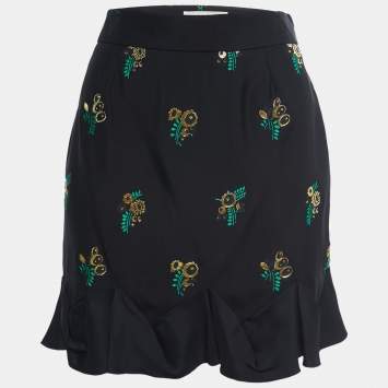 Pre Owned Stella McCartney Black Patterned Crepe Ruffle Trimmed Skirt S