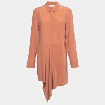 Pre Owned Stella McCartney Light Brown Silk Crepe Asymmetrical Hem Button Front Shirt M