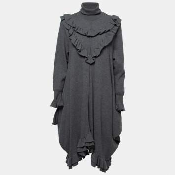 Pre Owned Stella McCartney Grey Wool High Neck Ruffled Sweater Dress S