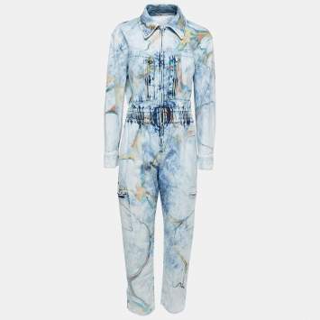 Pre Owned Stella McCartney Blue Marble Print Washed Denim Pocket Detailed  Jumpsuit S