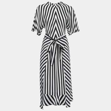 Pre Owned Stella McCartney White/Navy Blue Striped Silk Asymmetrical Midi Dress S