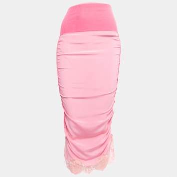 Pre Owned Stella McCartney Pink Knit & Silk Lace Trimmed Midi Skirt XS