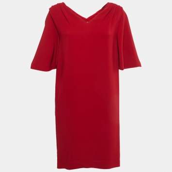 Pre Owned Stella McCartney Red Crepe Gathered Shoulder Shift Dress S