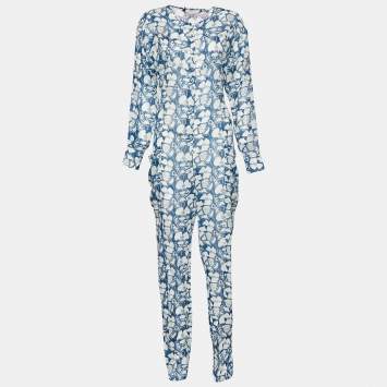 Pre Owned Stella McCartney Blue & White Printed Cotton Oversized Jumpsuit S