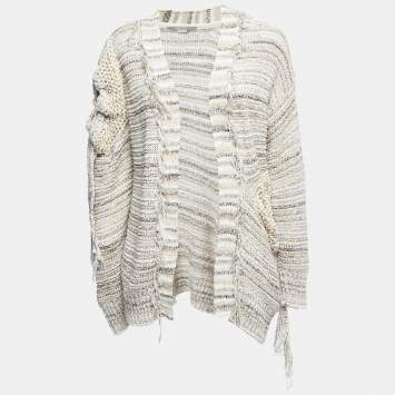 Pre Owned Stella McCartney Beige/Multicolor Knit Cutout Detail Fringed Open Cardigan XS