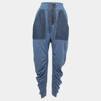 Pre Owned Stella McCartney Blue Knit Ruched High Waist Pants XS