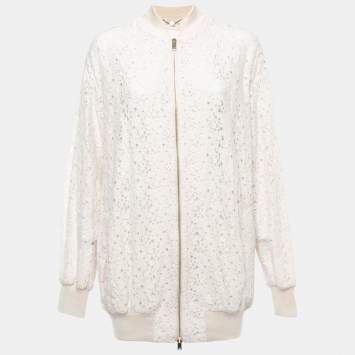 Pre Owned Stella McCartney Cream Embroidered Cotton Blend Corded Lace Zip Front Bomber Jacket S