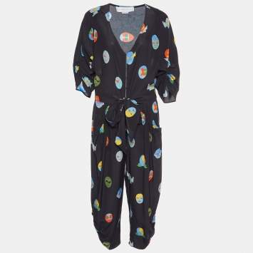 Pre Owned Stella McCartney Black Monia Superhero Printed Silk Jumpsuit M