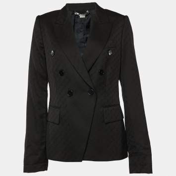 Pre Owned Stella McCartney Black Logo Jacquard Wool Double Breasted Blazer M