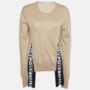 Pre Owned Stella McCartney Beige Wool Logo Printed Silk Trim Zip Detail Sweater M
