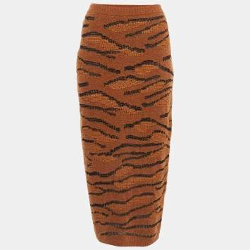 Pre Owned Stella McCartney Brown Wool Tiger Intarsia Pencil Skirt M