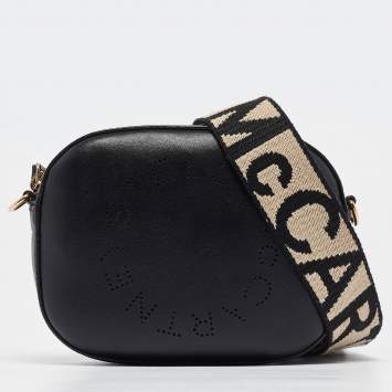 Pre Owned Stella McCartney Black Perforated Logo Faux Leather Crossbody Bag