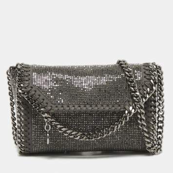 Pre Owned Stella McCartney Grey Faux Suede Micro Falabella Crystals Flap Crossbody Bag