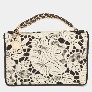 Pre Owned Stella McCartney Black/White Satin Embroidered Top Handle Bag