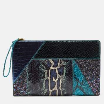 Pre Owned Stella McCartney Multicolor Faux Croc and Python Embossed Leather and Glitter Loretta Waverly Clutch