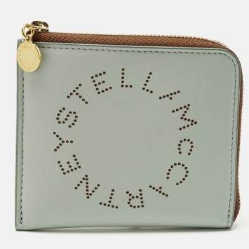 Pre Owned Stella McCartney Perforated Logo Blue/Brown Faux Leather Compact Wallet