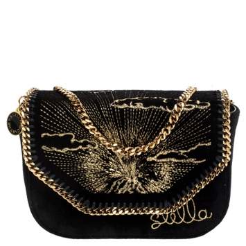 Pre Owned Stella McCartney Black Velvet Volcano Embroidered Mini Falabella Shoulder Bag