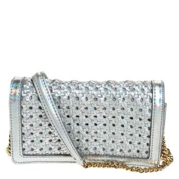 Pre Owned Stella McCartney Silver Holographic Woven Leather Flap Crossbody Bag