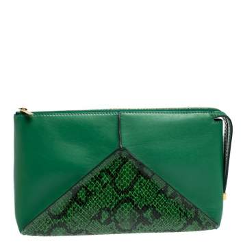 Pre Owned Stella McCartney Green Python Effect and Faux Leather Cavendish Clutch