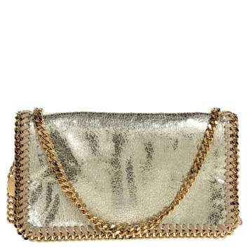Pre Owned Stella McCartney Metallic Gold Faux Leather Falabella Flap Crossbody Bag
