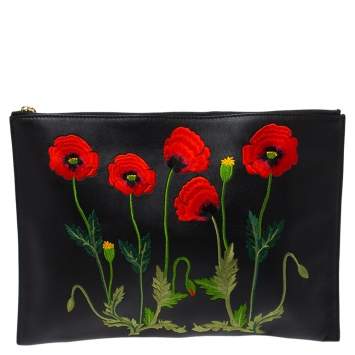 Pre Owned Stella McCartney Black Floral Embroidered Faux Leather Botanical Zip Clutch