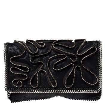 Pre Owned Stella McCartney Black Faux Leather Falabella Zip Detail Clutch