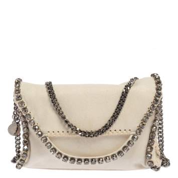 Pre Owned Stella McCartney White Faux Leather Mini Crystal Trim Falabella Shaggy Deer Shoulder Bag