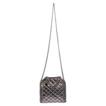 Pre Owned Stella McCartney Metallic Silver Faux Patent Leather Tiny Falabella Crossbody Bag