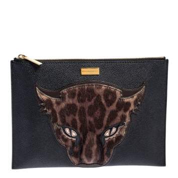 Pre Owned Stella McCartney Black/Brown Faux Leather and Calfhair Leopard Clutch