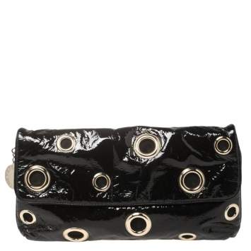 Pre Owned Stella McCartney Black Faux Patent Leather Rivet Flap Clutch