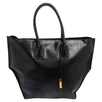 Pre Owned Stella McCartney Black Faux Snakeskin Embossed Leather Zip Shopper Tote