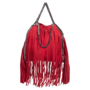Pre Owned Stella McCartney Red Faux Suede Small Falabella Fringed Tote