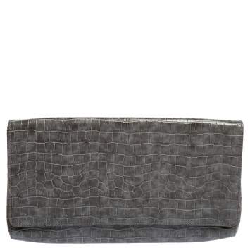 Pre Owned Stella McCartney Grey Faux Croc Leather Oversized Flap Clutch
