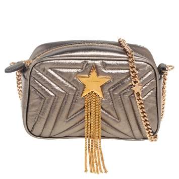Pre Owned Stella McCartney Metallic Olive Green Quilted Faux Leather Stella Star Crossbody Bag