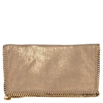 Pre Owned Stella McCartney Gold/Beige Shimmering Fabric Falabella Foldover Clutch