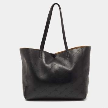 Pre Owned Stella McCartney Black Logo Perforated Faux Leather Tote