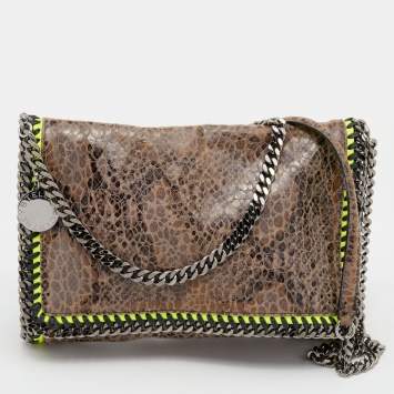 Pre Owned Stella McCartney Brown/Neon Green Faux Snakeskin Leather Falabella Crossbody Bag
