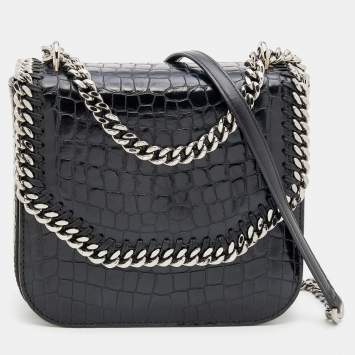 Pre Owned Stella McCartney Black Croc Embossed Faux Leather Medium Falabella Star Box Bag