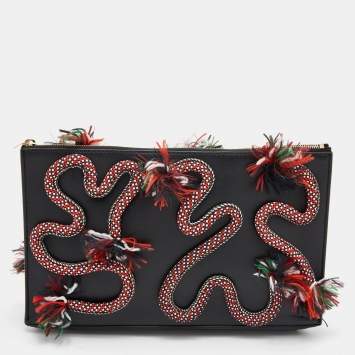 Pre Owned Stella McCartney Black Faux Leather Snake Rope Embellished Pouch Clutch