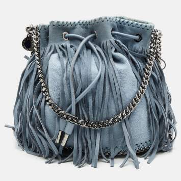 Pre Owned Stella McCartney Blue Faux Leather Falabella Fringe Drawstring Bucket Bag