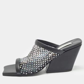 Pre Owned Stella McCartney Black Faux Leather and Mesh  Slide Sandals Size 36.5