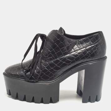 Pre Owned Stella McCartney Black Croc Embossed Leather Ankle Length Boots Size 41