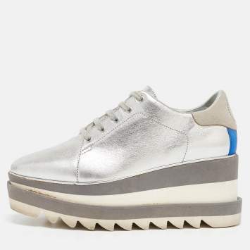 Pre Owned Stella McCartney Silver Faux Leather Elyse Wedge Sneakers Size 36