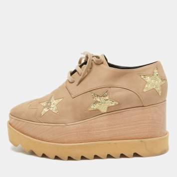 Pre Owned Stella McCartney Brown Nubuck Leather Elyse Star Wedge Sneakers Size 37