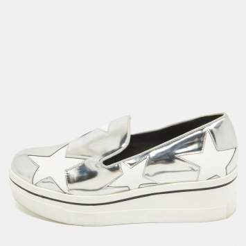 Pre Owned Stella McCartney Silver Faux Leather Binx Star Slip On Sneakers Size 37