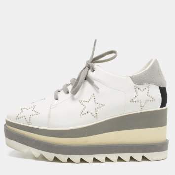 Pre Owned Stella McCartney White/Grey Faux Leather and Faux Suede Elyse Star Sneakers Size 36