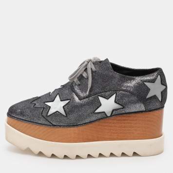 Pre Owned Stella McCartney Metallic Faux Leather and Satin Elyse Star Sneakers Size 38