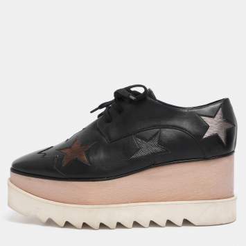 Pre Owned Stella McCartney Black Faux Leather Elyse Star Platform Derby Sneakers Size 38.5